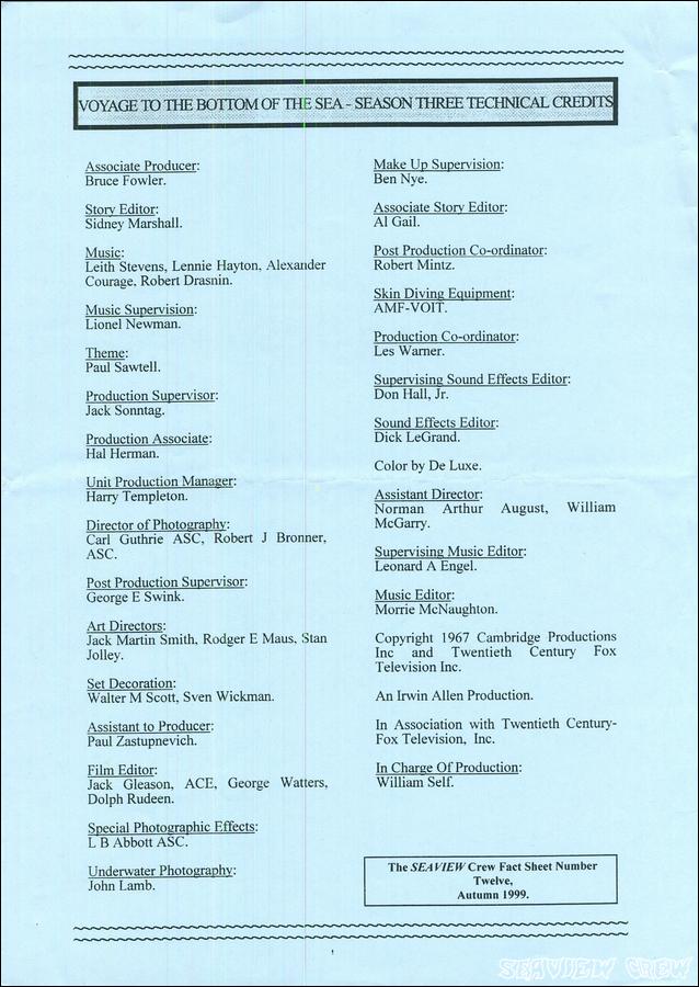 Seaview Fact Sheet 12 - Season Three Technical Credits